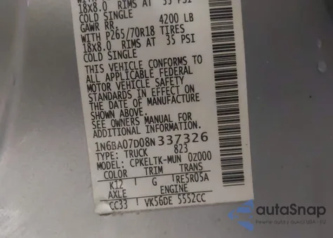 2008 Nissan Titan Le/Se/Xe from USA, damaged, VIN 1N6BA07D08N337326